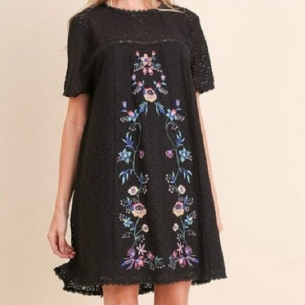 Umgee Sz S Black Floral Embroidered Boho Lace - Crochet Babydoll Dress Mini